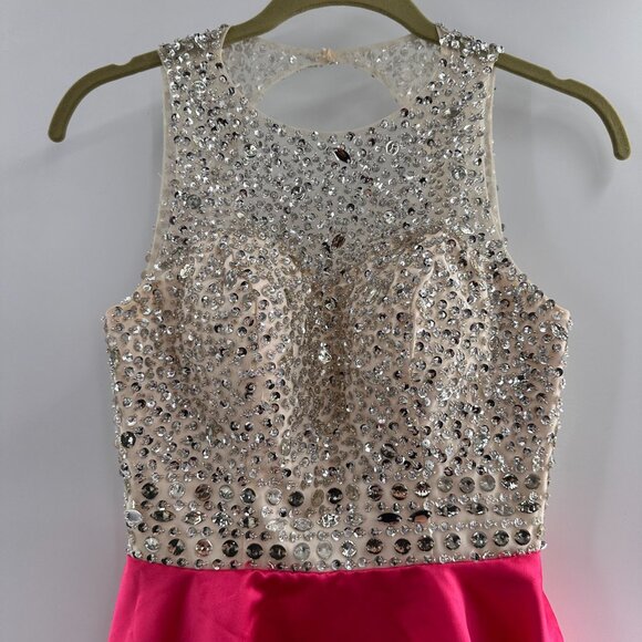 Beaded Rhinestone Bodice Pink Skater Dress Open Back Sleeveless Design Embellish - Picture 3 of 11
